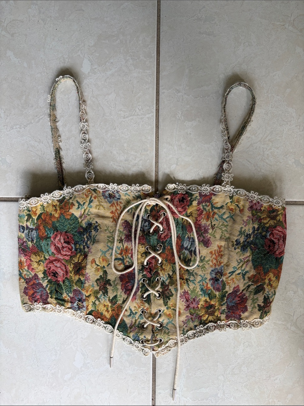 Cider Floral Tapestry Lace-Up Cropped Bustier - Multicolor